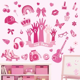 wondever Pink Girl Power Wall Stickers Pink Heart Girl Room Butterfly Bow Knot Peel and Stick Wall Art Decals for Girls Bedroom Kids Room Nursery
