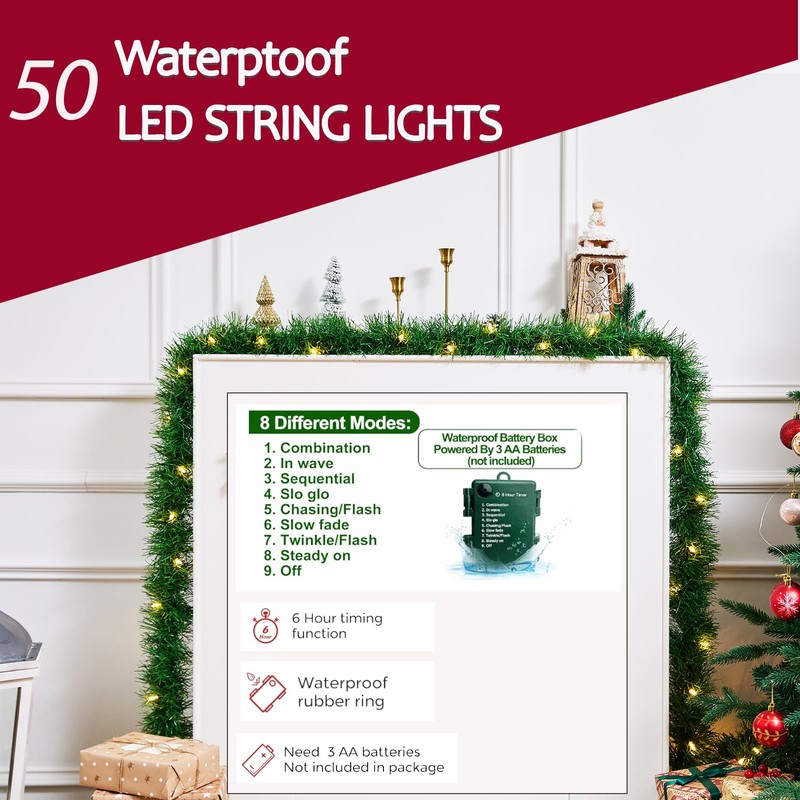 15.4ft Pre-Lit Christmas Garland with Lights – 50 LED Lighted