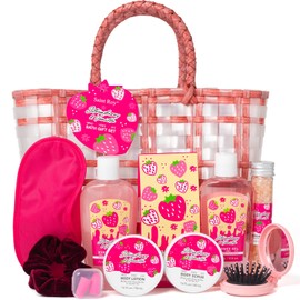 Spa kit for Women, Unique Gift Set for Teen Girls Tote Bag for Women, 13pcs Strawberry Shower Gift Baskets for girls clean beauty fruity bath products women. Birthday Gifts for Daughter, Girlfriend