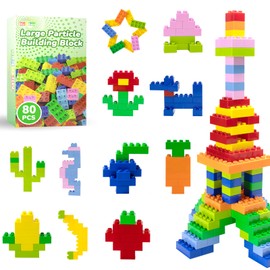 Mirthben 80 Piece Large Building Blocks Set, 2 Shapes and 8 Colours Building Blocks, Compatible with Duplo and All Leading Brands, Colourful Building Toys for Children from 3 Years