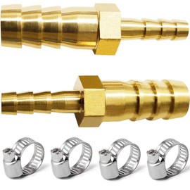 JoyTube Brass Hose Barb reducer 1/2" to 1/4" ID hose Barb Fitting Hex Splicer Mender Union Air Water Fuel with hose clamps Tubing Adater(Pack of 2)