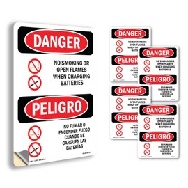 No Smoking Charging Batteries Bilingual OSHA Danger Vinyl Decal Label 10 Inch x 7 Inch - 5 Pack