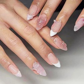3D Press on Nails, Medium Almond Shaped Acrylic Fake Nails, Cute and Unique Decorative Shape, Suitable for Daily Leisure and Party Activities, Reusable, 24 Pcs