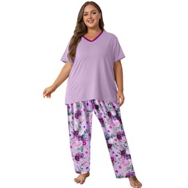 Vozanet Women's Pajama Sets Short Sleeve with Long Pant Soft Sleepwear Printed pj Loungewear With TWO Pockets Size 1X to 5X, Purple Floral, 5X-Large