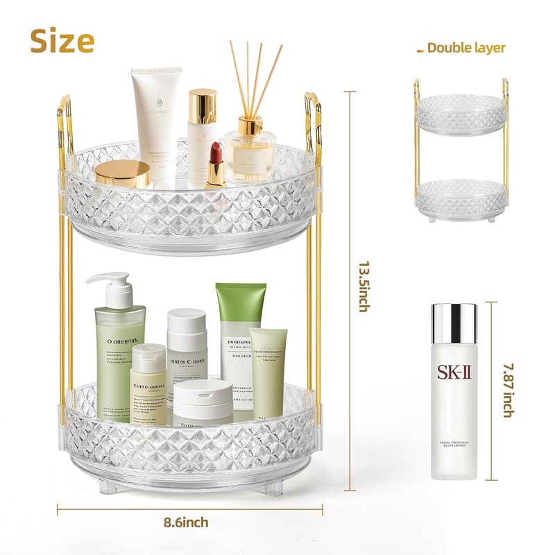 360 Rotating Makeup Organizer for Vanity, 2 Tier Adjustable Perfume