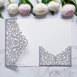 25PCS Gold Laser Cut Wedding Invitations Pockets, Tri-fold Laser Cut Invitation Pocket for Wedding Birthday Party Bridal Shower Quinceanera Sweet 16 Invite Suitable for 5x7” Inner Sheet (Silver)