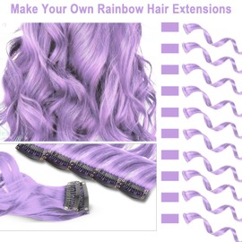 Olldag 10 PCS Light Purple Hair Extensions, Curly Wavy Synthetic Hairpieces Clip in Rainbow Neon Party Highlights, Colorful Hair Accessories for Kids Girls Women 17 inch (10 PCS-Light Purple)