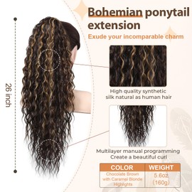 FLUFYMOOZ Ponytail Extension, 26 Inch Bohemian Style Drawstring Ponytail Hair Extensions for Women, Long Curly Wavy Ponytail Natural Synthetic Hairpiece for Women (26 Inch Chocolate Brown with Blonde Highlights)