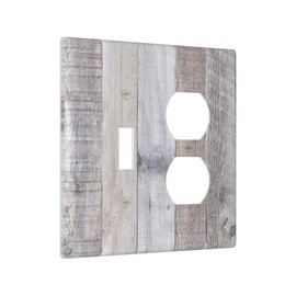Farm Barn Cabin Kitchen Brown White Gray Grey Wood Wooden Plank Grain 2-Gang 1-Toggle 1-Duplex Device Combination Wallplate One Toggle Switch and One Duplex Receptacle Outlet Combo Light Switch Cover