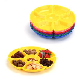 BYZCYSG ‌12 Pcs Plastic Snack Serving Trays with 7 Compartments - 12 Inch Round Chip & Dip Plates for Candy, Nuts, Fruits, Veggies - Party Platter Set, 6 Colors