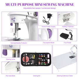 EASYBERG Mini Sewing Machine for Beginners, Dual Speed Easy Automatic Sewing Machine with Expansion Table, Sewing Tool and Needle Shield Suitable for Family and Travel