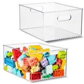 Plastic Food Storage 2 Pack Clear Container Bin with Handles for Organizing Kitchen, Pantry, Refrigerator, Freezer, Pantry, Cabinet, Closet, Bathroom 10”x8”x5”
