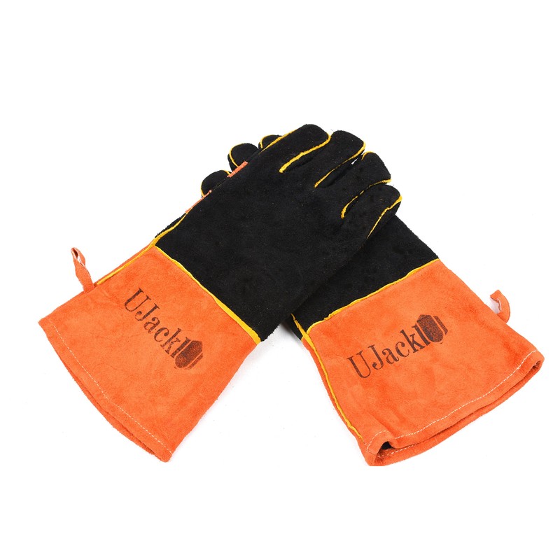 UJack Camping Gloves, Heat Resistant Gloves, Three-Layer Construction, Cowhide Leather,