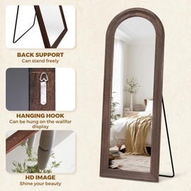 ABSWHLM Solid Wood Full Length Mirror - 65"x22" Arched Floor Mirror, Free Standing & Wall Mounted - Elegant Design for Bedroom, Dressing Room, Hallway, Brown