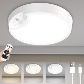 WhitePoplar Rechargeable Motion Sensor Closet Light with Remote: 3 Colors Dimmable Wireless Closet Light, 7.4 inch Battery Operated Ceiling Lights for Closets Shower Pantry Stairs Laundry Hallway