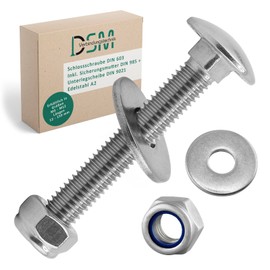 DSM - Carriage Bolts M8 x 16 mm DIN 603 - M8 Locking Nut DIN 985 & Washer DIN 9021 - A2/V2A Stainless Steel - Square Head Screws - Stop Nuts - Pack of 25