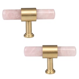 mookaitedecor Set of 2 T-Bar Crystal Drawer Pulls Handles with Screws, Brushed Brass Stone Knobs for Cabinet Kitchen Dresser, Rose Quartz