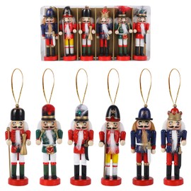 Set of 6 Christmas Nutcracker Soldier Wooden Nutcracker Soldier Ornaments 13cm/5.1" Tall Figures Puppet on Stand Nutcracker Xmas Decorations for Traditional Christmas Tree Hanging Decor Home Gift