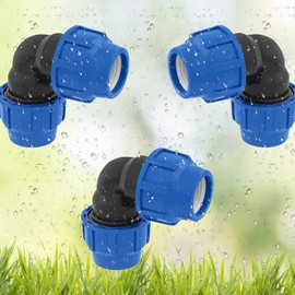 Pack of 3 Pipe Connectors, PE Pipe Fitting Angle, 90° Plastic PP Fitting, PE Quick Coupling Fittings, PE Blue Quick Coupling Water Pipe Elbows, Sanitary Fittings (25 mm)