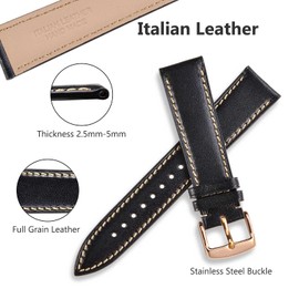 WOCCI 22mm Luxury Leather Watch Strap with Rose Gold Buckle (Black)