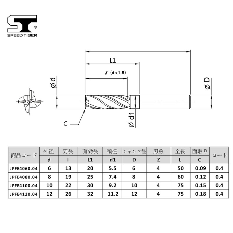 Speed Tiger JPFE 4-Blade End Mill, Blade Diameter 0.2 inches