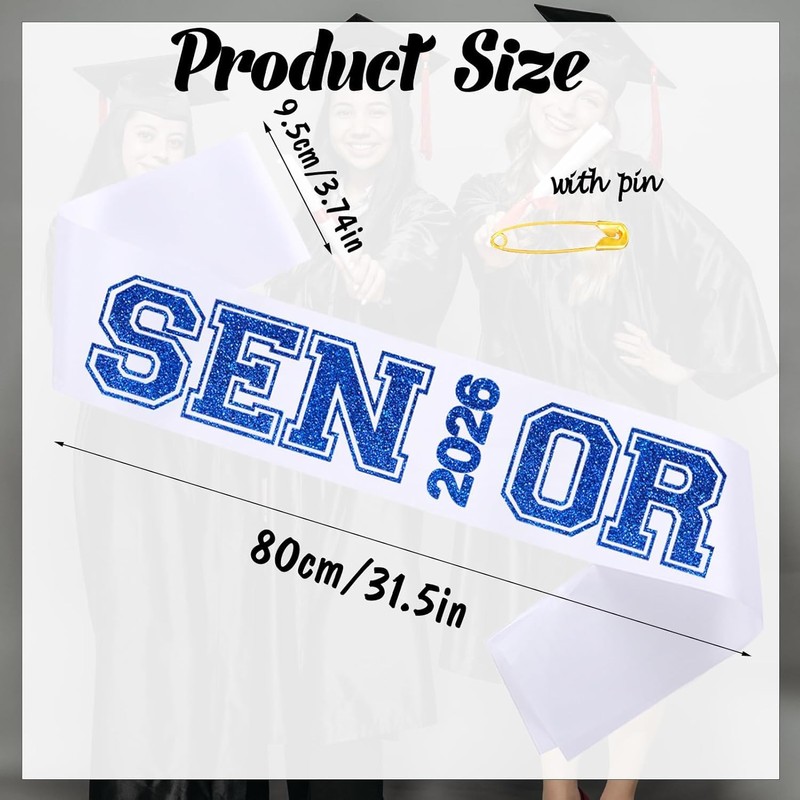 6PCS White Senior 2026 Sashes with Royal Blue Glitter Printing