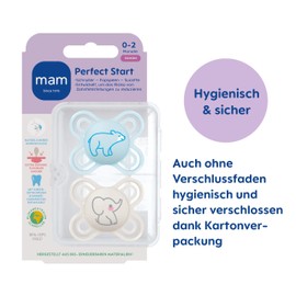 MAM Perfect Start Dummy, Set of 2, Specially for Newborns, Tooth-Friendly, Made from Sustainable & Bio-Renewable Materials, with Dummy Box, 0–2 Months, Bear/Elephant