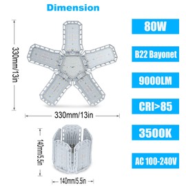 HZSANUE HZSANUE B22 Bayonet LED Garage Light 80W, 3500K Warm White 9000Lm Deformable Workshop Lamp with 5 Adjustable Panels, LED Ceiling Lighting, for Garages, Basement, Warehouse, Attic, Gym (Pack of 1)