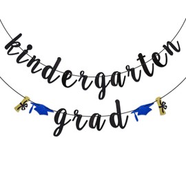Kindergarten Grad Banner for Kids Graduation Party Decorations, Congrats Grad Party, Graduation Cap and Diploma Sign (Black Glitter)