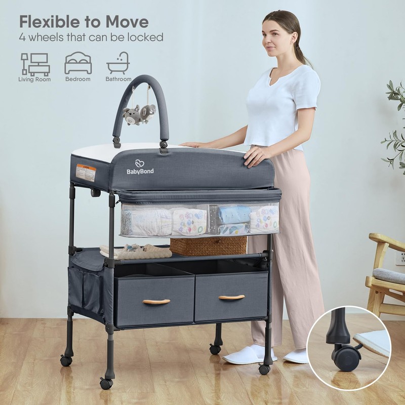 Portable Baby Changing Table with 2 Storage Baskets, BabyBond Foldable