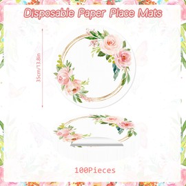 100 Pack Paper Placemats Disposable Pink Floral Wedding Disposable Placemats 13.7 Inch Rose Floral Round Place Mats Spring Summer Table Mats for Birthday Wedding Anniversary Bride Party Supplies