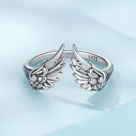 BISAER 925 Sterling Silver Ring Adjustable Cute Unique Cat Snake Butterfly Dragonfly Fashionable Ring For Women Jewelry (Silver Angel Wings)