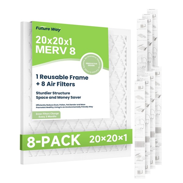 Future Way 20x20x1 Air Filter, MERV 8, MPR 700, Assembly Kit with 1 Reusable ABS Frame & 8 Filters for AC Furnace, Actual Size: 19-11/16 x 19-11/16 x 3/4 inch