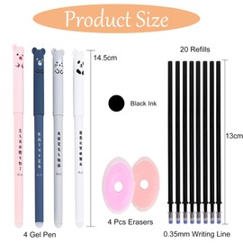 Toced 4Pcs 0.35mm Erasable Cartoon Animal Gel Pen with 20Pcs Refills and 4 Pcs Erasers Set, Cute Design Erasable Black Ink Gel Pens, Kids Adults Sketching, Drawing, School Office Supplies