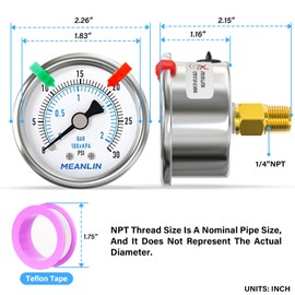 MEANLIN MEASURE 0~30Psi Dry Low Pressure Gauge Stainless Steel 1/4" NPT 2" FACE DIAL Waterproof for Pool Sand Filter Water Oil Air Pressure Test Back Mount (with 2PCS Snaps)