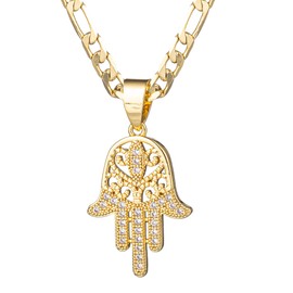 kelistom 14K Gold Plated Hamsa Hand Pendant Necklace 3MM Flat Figaro Chain Necklace with Cubic Zirconia Inlay Hamsa Necklaces for Women Men