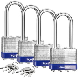 Puroma Lock 4 Pack Padlocks, 2” Long Shackle Heavy-Duty Locks with 8 Keys, 40mm Hardened Steel Keyed Alike Padlocks for Sheds, Gates, Fences, Toolbox, Outdoor and Indoor Use（Silver）