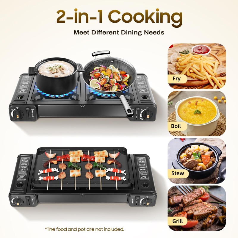 JAYGOVAN 2-Burner Butane Camping Stove, Push-Button Instant Ignition, Portable Camp