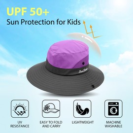 IYEBRAO Kids Girls Sun Hat with Ponytail Hole Summer Wide Brim UV Protection Bucket Cap for Beach ＆ Fishing（Purple）