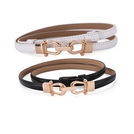 GANMFOYC Pack of 2 Slim Waist Belt for Women Thin Leather Belt Adjustable Thin Belt Slim Leather Belt with Gold Metal Buckle for Dress, 7 Black + Brown