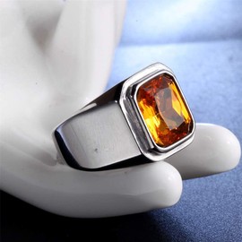 PMTIER Men's Stainless Steel Silver Plated Ring with Square Orange Gem Stone Size 7