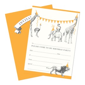 M & G Mustard & Gray Childrens Party Invitations (x12 Invites Only, Animal Parade)
