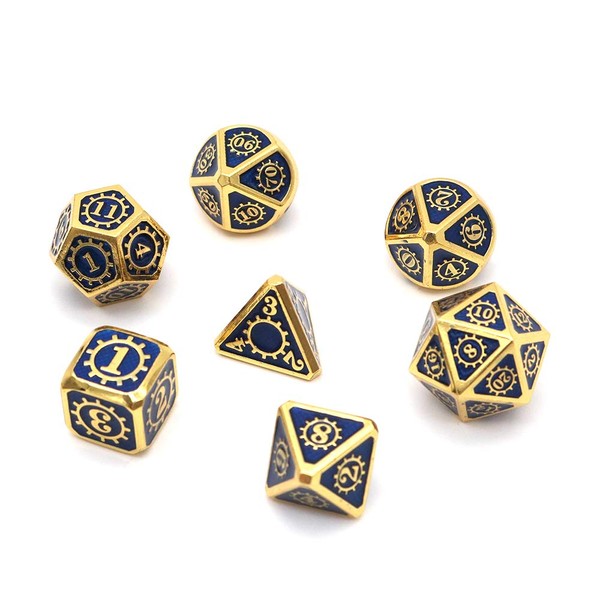 DollaTek 7PCS Metal Polyhedral Dice Set with Black Storage Bag for Role Playing Game Dungeons and Dragons D&D Math Teaching(Gear Gold and Blue)