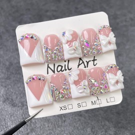 Handmade Press on Nails Rhinestones Press on Nails Short Duck Shaped Fake Nail White French Acrylic Nails Full Cover Reusable Flower False Nail for Women Girls Nail Accessories (Size M)