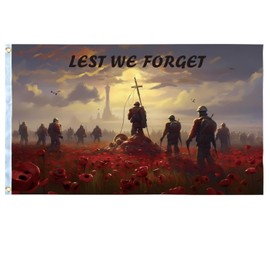 Lest We Forget Flag 5ft x 3ft Remembrance Day Flag Remembrance Sunday Poppy Flag Banner Polyester Double Stitched with Brass Grommets for War Heroes Soldiers Armed Forces Remembrance Day Decorations