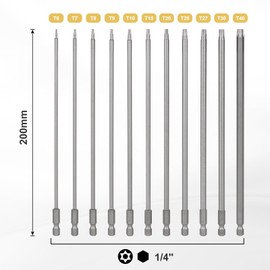 CPROSP 11 x Torx Bit 200 mm Long, Long Torx Bit T6, T7, T8, T9, T10, T15, T20, T25, T27, T30, T40, S2 Steel, Star Head