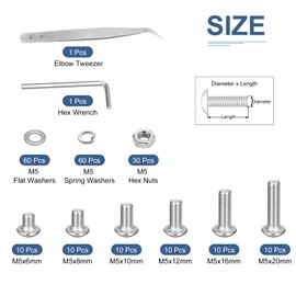 DTGN 210pcs M5-0.8x6-20 Button Head Hex Socket Cap Screw Bolt Nut Washer Wrench Tweezer Assortment Kit 304 Stainless Steel