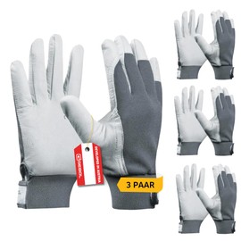 Gebol Uni Fit Comfort, 3 Pairs of Work Gloves Made of High-Quality Leather, Men for Construction, Mechanics & Garden, with Elastic Waist & Velcro Fastening, Size XXL (Size 11), Colour: White/Grey