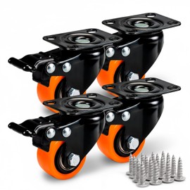 PRIOstahl Furniture Castors Brake Castors Heavy Duty Castors Transport Castors Orange Premium Wheels - 4 x Swivel Castors with Brake 40 mm + Mounting Screws and Bit for Furniture Cabinets Traceless & Quiet