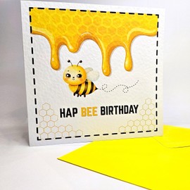 Cute Bee Birthday Card with Honeycomb Design and Yellow Envelope, Hap Bee Birthday Pun